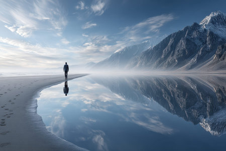 A solitary figure strolls on a tranquil beach, surrounded by magnificent mountains and stunning reflections at dawn.の写真素材