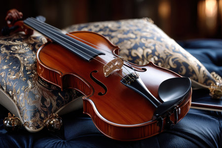A beautifully crafted wooden violin rests on luxurious cushions indoors, highlighting its fine details.の写真素材