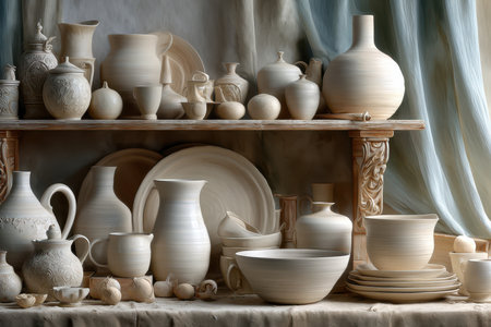 Various handcrafted pottery pieces are arranged on shelf, showcasing intricate designs and textures.の写真素材