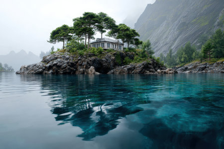 A tranquil island features a serene cabin nestled among trees, reflecting on clear waters in Norway's fjords.の写真素材