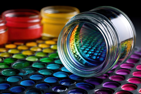 Spilled paint jar reveals a spectrum of colors reflecting on a surface, showing artistic potential.の写真素材