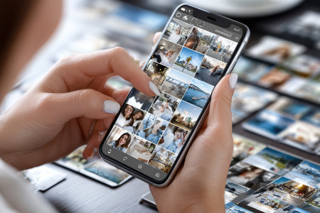 Individual engages with a digital photo gallery on a smartphone, surrounded by printed pictures on a table.の写真素材