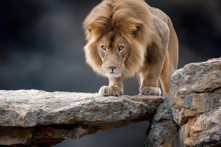 A lion walks cautiously on rocky outcrop, showing its strength and beauty in the soft morning light.の写真素材