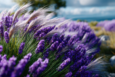 Lavender plants sway gently in the breeze, showing their rich purple hues against a cloudy sky.の写真素材