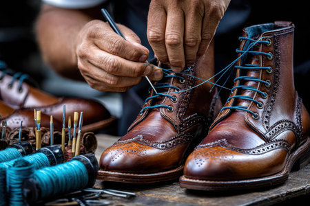 Craftsman meticulously tying shoelaces on brown leather shoes with vibrant threads in a workshop.の写真素材