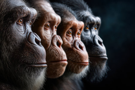 Four primate faces in profile showcase evolutionary stages, highlighting physical differences and similarities.の写真素材