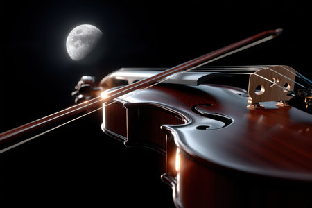 A beautifully crafted violin is softly illuminated against a dark background with a full moon shining nearby.の写真素材