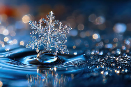 A delicate snowflake rests on a surface of water, surrounded by glistening droplets in a blue setting.の写真素材