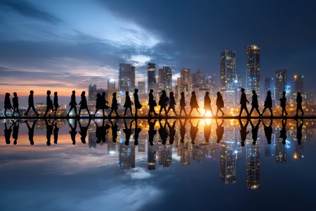 Groups of people stroll beside a waterfront as the city skyline lights up at dusk, creating reflections.の写真素材