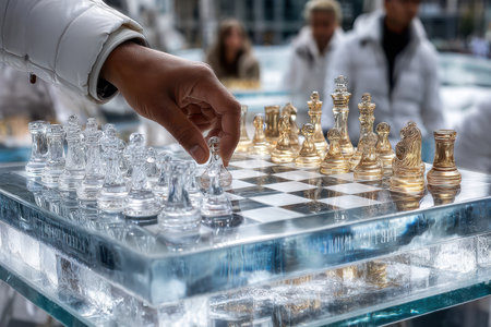 A person makes a strategic move in a chess game using a crystal board outdoors, surrounded by spectators.の写真素材