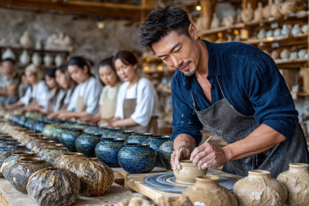 A potter shapes clay on a wheel while students observe intently in a sunny pottery studio.の写真素材