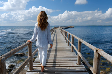 A woman strolls on a wooden pier extending over calm waters, enjoying a sunny day with gentle clouds.の写真素材