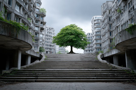 An expansive concrete stairway leads to a solitary tree situated among crumbling buildings under a cloudy sky.の写真素材