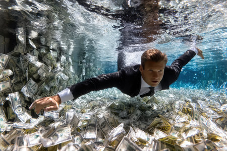 A man in a suit swims through a pool filled with stacks of cash, highlighting luxury and affluence.の写真素材