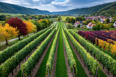 Vineyard rows stretch towards a village nestled amidst rolling hills and autumn foliageの写真素材