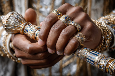 Hands adorned with elaborate rings and holding a decorative staff present a luxurious and regal atmosphere.の写真素材