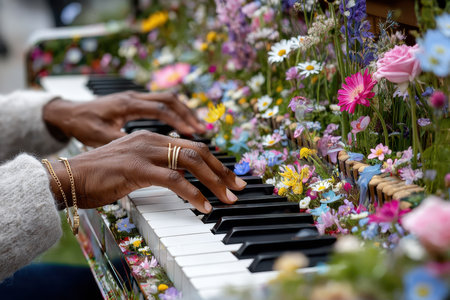 Musician plays a beautifully decorated piano covered with vibrant flowers in a lively park during spring.の写真素材