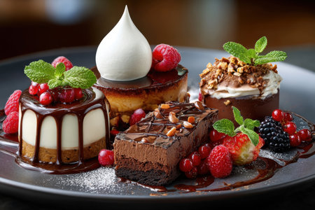 A plate of assorted mini desserts, including chocolate cake and cheesecakeの写真素材