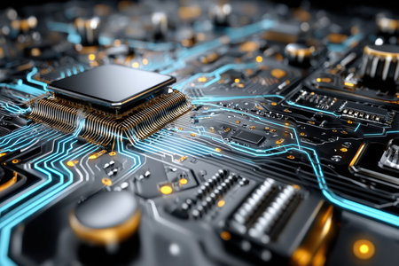 Closeup view of a computer circuit board with glowing componentsの写真素材