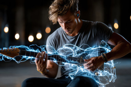 Musician plays electric guitar, creating a captivating atmosphere with dynamic visuals and soft lighting.の写真素材