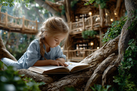A young girl enjoys reading a storybook surrounded by lush greenery in a cozy treehouse setting.の写真素材