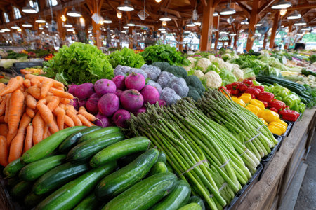 A panoramic shot of a bustling farmer's market, under bright morning light, capturing the vibrancy of local lifeの写真素材