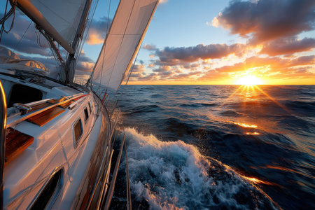 A sailboat sails on the ocean at sunsetの写真素材