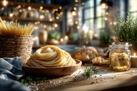 Pasta, bread, and herbs arranged on a wooden table in a cozy kitchen settingの写真素材
