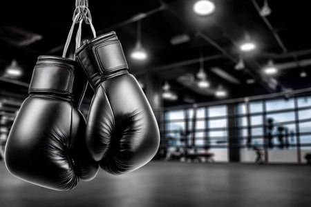Pair of black boxing gloves hanging in a dimly lit gymの写真素材