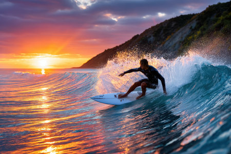 A surfer rides a wave at sunset near a coastlineの写真素材