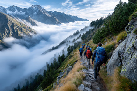 A group of friends hiking on a mountain trail at dawn, with an adventurous, exhilarating mood, shot with a drone camera, capturing the spirit of exploration, ultrarealistic photo --ar 3:2 --raw --profile nk3i4wf --stylize 250 --v 7 Job ID: e23987d3-17a5-4023-9b2f-5c8c649f1305の写真素材