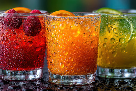 Closeup of colorful drinks with condensation and fruitの写真素材