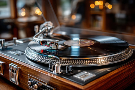 A classic turntable plays vinyl records while warm lights create a cozy atmosphere in the cafe.の写真素材