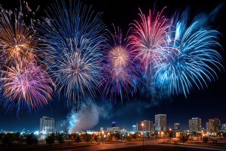 Fireworks explode over a city skyline at nightの写真素材