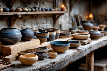 Various handmade ceramic bowls and pots displayed on a wooden tableの写真素材