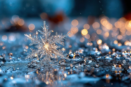 A delicate snowflake rests on a wet surface with sparkling bokeh lights in the backgroundの写真素材