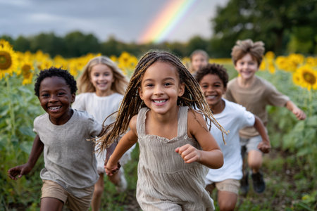 A group of multicultural children playing in a sunflower field at sunset, shot in a candid style with a 35mm lens, with a surprise rainbow appearing in the background, ultrarealistic photo --ar 3:2 --raw --profile nk3i4wf --stylize 250 --v 7 Job ID: aa801d6e-de89-40b2-b2c1-fc239db0794fの写真素材