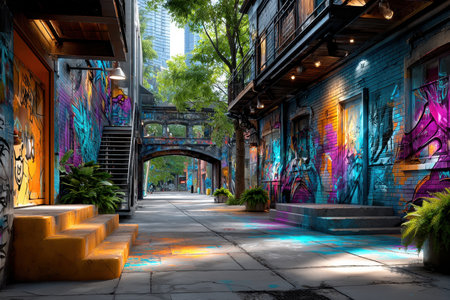 A vibrant alleyway filled with graffiti and flanked by brick buildingsの写真素材