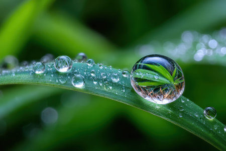 A large dewdrop remains on a blade of grassの写真素材