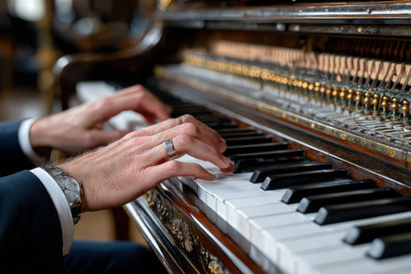 A skilled pianist performs on a classic piano, showing intricate hand movements and craftsmanship.の写真素材