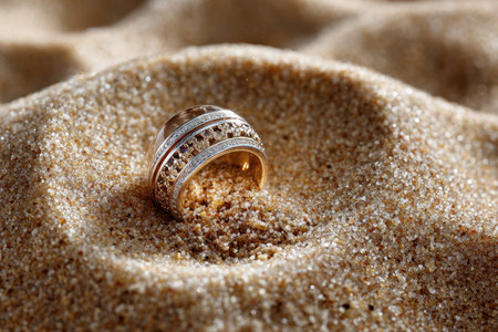 A beautifully designed gold ring rests in warm, fine sand, catching the light on a beach in the afternoon.の写真素材