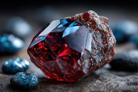 Crystals of red and blue rest on a rough dark stoneの写真素材