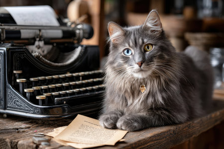 A fluffy gray cat with striking blue and amber eyes lounges next to a vintage typewriter on a rustic wooden table.の写真素材