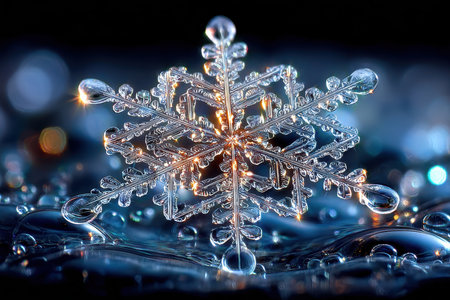 A detailed closeup of a snowflake on a dark reflective surfaceの写真素材