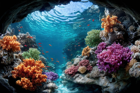 Colorful coral reef teeming with fish seen through an underwater cave openingの写真素材