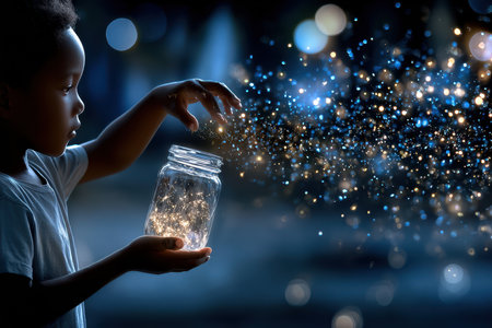A young child curiously captures glowing sparkles in a jar, exploring a magical night outdoors.の写真素材