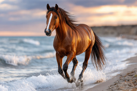 A brown horse gallops along a sandy beach at sunsetの写真素材