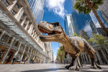 A massive dinosaur sculpture stands in the middle of an urban street, surrounded by tall buildings and people.の写真素材