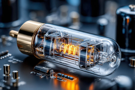 A glowing vacuum tube sits prominently on a dark circuit board filled with various electronic components.の写真素材