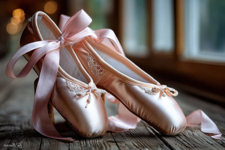 A close-up shot of a pair of ballet shoes on a wooden floor, with a graceful, nostalgic mood, shot with a 35mm lensの写真素材